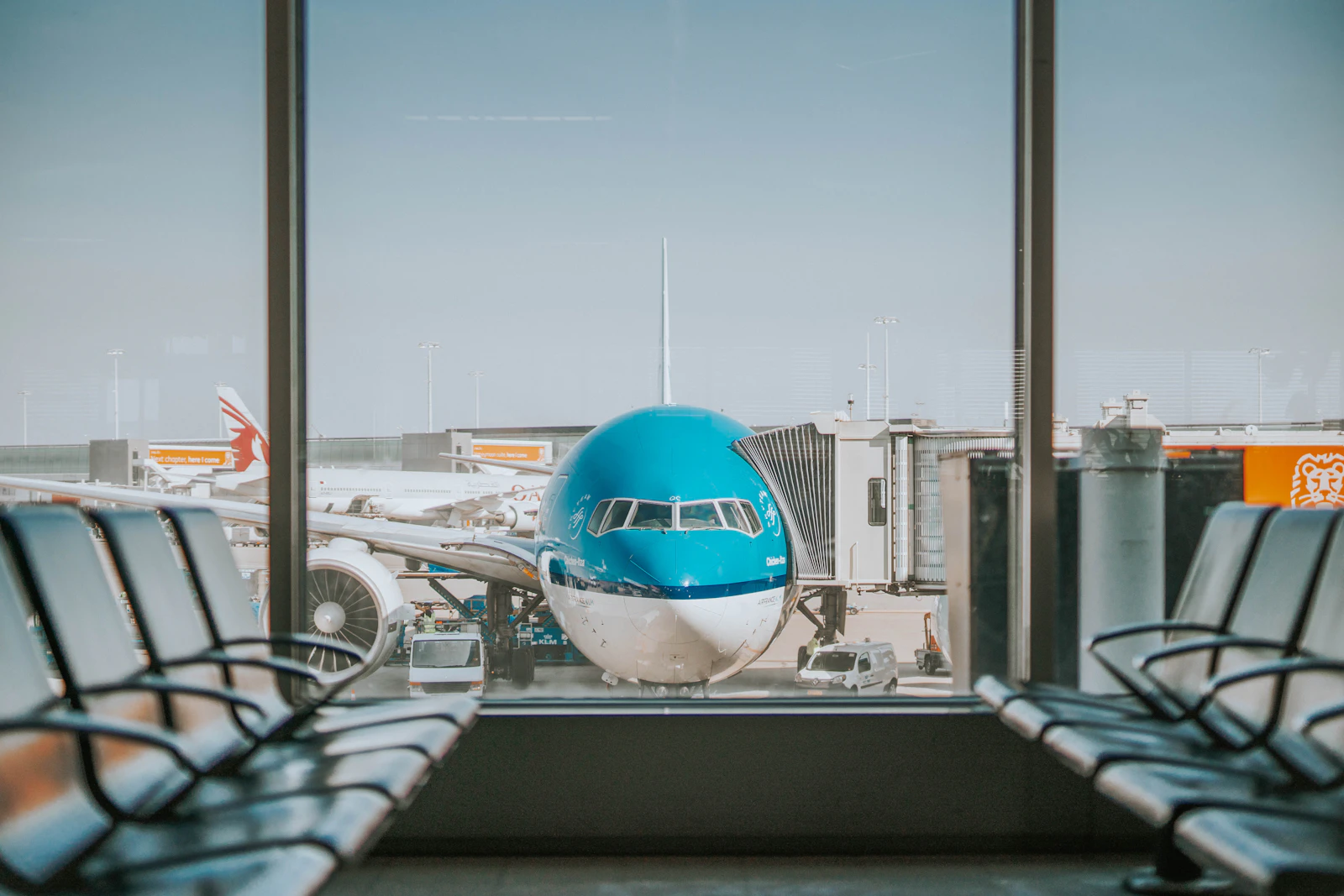 Airport terminal, bright daylight